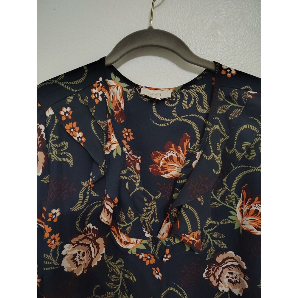 LOFT XL Black Blue Floral Ruffle Blouse Long Bell Sleeve Boho Cottagecore - Picture 3 of 7